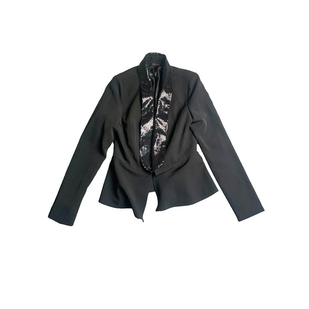 Imaginary Voyage Jacket Womens Small Black Sequins Collar Open Front Blazer Suit